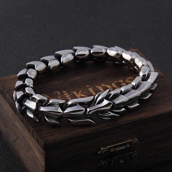 Vikings Dragon Head Silver Metal Bracelet With Wood Box Punk Streetwear Size 8"